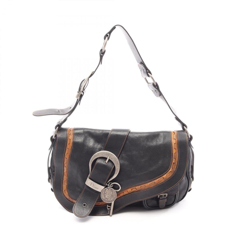 Christian Dior Gaucho Saddle Bag Shoulder Leather Black Brown